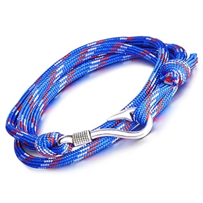 Immagine di Infinite U, bracciale punk con ciondolo a forma di amo da pesca, per uomo e donna in corda nylon intrecciato colorato Lega 4 fili, polso colore:Blue