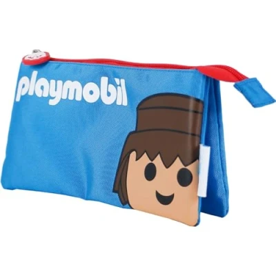 Immagine di DOHE Astuccio Scolastico 3 Scomparti Chiusura con Cerniere, Licenza Ufficiale, Poliestere Resistente, 23x12x2,5 cm, Materiale Playmobil Core Blu