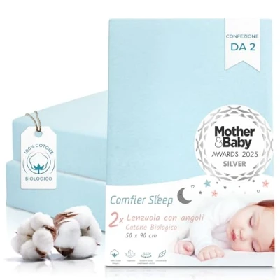 Immagine di Lenzuolo con angoli elasticizzati in 100% cotone biologico completamente naturale, 50 x 90 cm, colore blu, set da 2 pezzi, ultra morbido e confortevole, adatto per la maggior parte delle lettine