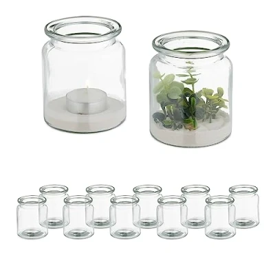 Immagine di Relaxdays Vasetti Portacandele, Set 12 Lanterne in Vetro Porta Candeline, Interno e Esterno, 9,5x8,5 cm, Multicolore, Acciaio Inox