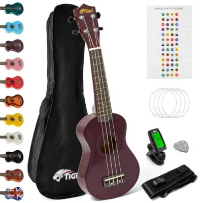 Immagine di TIGER UKEKIT PP Pacchetto Ukulele per principianti, soprano, accordatore, tracolla, adesivi, corde di ricambio e plettro in feltro Viola