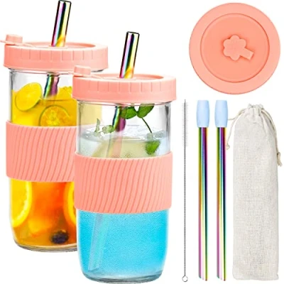 Immagine di iYinJuan Bubble Tea Tazza, Tazza con cannucce, Set di 2 Mason Jars 730ml, Riutilizzabile, per frullati, Bevande, caffè, frappè, succhi, Birra