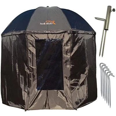 Immagine di NECO Ombrello da pesca Isotermico 250 cm, con mantello, supporto per ombrellone e picchetti terra, protezione pioggia, vento freddo raggi UV, 3 uomini bagagli alla carpa, custodia inclusa 15035