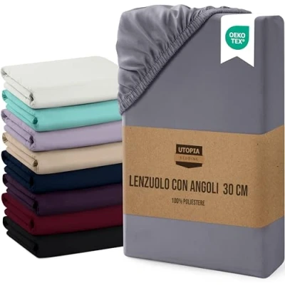 Immagine di Utopia Bedding Lenzuolo con Angoli, Una Piazza 140X200x30 cm Grigio Microfibra di Poliestere Spazzolato Sotto Angoli Elasticizzato