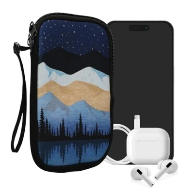 Immagine di kwmobile Custodia in neoprene con zip per smartphone L 6,5&quot; Astuccio portacellulare a sacchetto cerniera Borsa verticale Notte Stellata al Lago bianco/marrone chiaro/blu scuro
