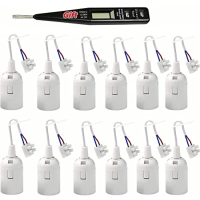 Immagine di 12 Pezzi Portalampada E27 Porta Lampadina per Cantiere/Ristrutturazione/Lavori,E27 Lampade Basi con Filo e Terminale,Tester di Tensione,Supporto della Lampada