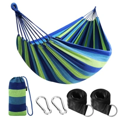 Immagine di Anyoo Amaca da Giardino in Cotone Tessuto Comodo con Cinghie Rispettose degli Alberi per Appendere, Durevole Portatile Borsa Viaggio Campeggio, Esterno/Interno, Balcone, Patio