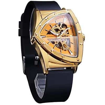 Immagine di FORSINING orologio scheletrato da uomo, meccanico automatico con quadrante triangolare, luminoso a carica automatica, cinturino in acciaio inossidabile o silicone morbido, Oro,