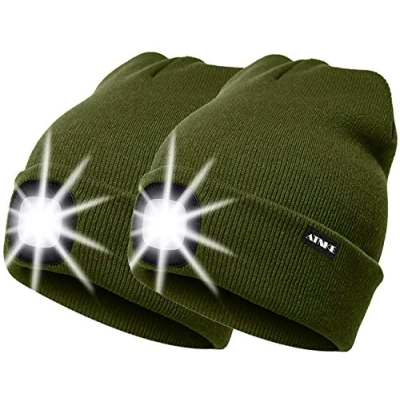 Immagine di ATNKE 2 Pezzi Nuovo Berretto con Luce LED Calda Cappello Ricaricabile USB Unisex Ultra Luminoso 4 Lampada a Impermeabile Multicolore (2PCS, Army Green)