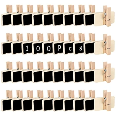 Immagine di Yangfei 100 Pezzi Mini Lavagna Legno Messaggio Clip Promemoria Lavagnetta Nera in Pennarello Messaggi Lavagnette Segnatavolo DIY Decorazioni(4 * 3.5 1.2cm)
