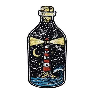 Immagine di Finally Home Toppa termoadesiva con immagine di faro in bottiglia, da applicare il ferro stiro, stelle, pianeti e onde