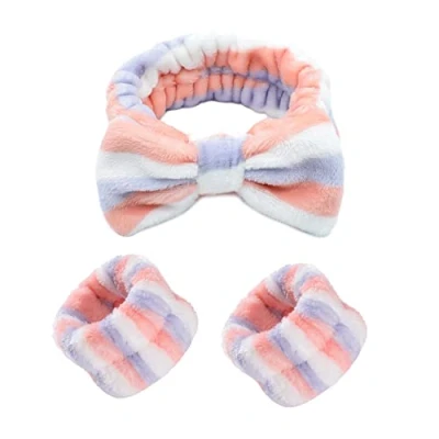 Immagine di Set di 3 fasce per capelli Spa, fascia capelli, cosmetica, morbida, elastica in peluche corallo, da polso impermeabile portatile, cravatta a farfalla