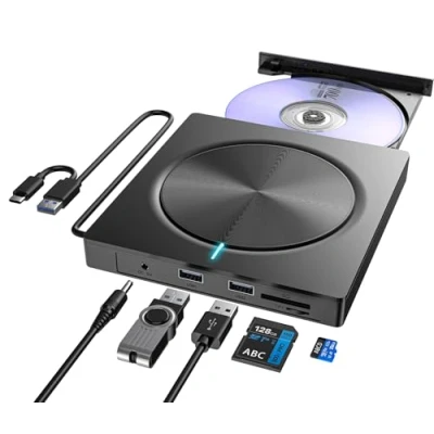 Immagine di Lettore CD DVD Esterno per PC Portatile, Masterizzatore USB 3.0 e Type C, Unità Esterna CD/DVD /+RW con 2 porte di Schede TF/SD Windows/MacOS/Linux/Laptop/Desktop