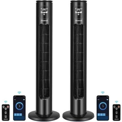 Immagine di Aigostar Ross Smart Ventilatore a torre WiFi con telecomando, 102 cm, display LED, oscillazione 70, 3 velocità modalità, timer 24 ore, controllo APP, adatto per casa e ufficio, 2 PCS