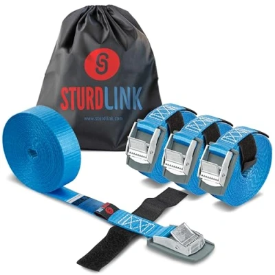 Immagine di Sturdlink Set di 4 Piccole Cinghie Fissaggio 25mm 250kg con Fibbia Metallo 5m, per Portapacchi Bici, Barre Portatutto, Bagagli Moto, Carrello, Canoa, Kayak, Surf, Portabici e Baule Auto, Rimorchi