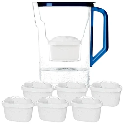 Immagine di Wessper Caraffa Filtrante con Filtri, per Frigorifero da 2,7 Litri, Cartucce Acqua Carbone Attivo e Rresina a Scambio Ionico, Caraffe set di 6 Filtro Blu