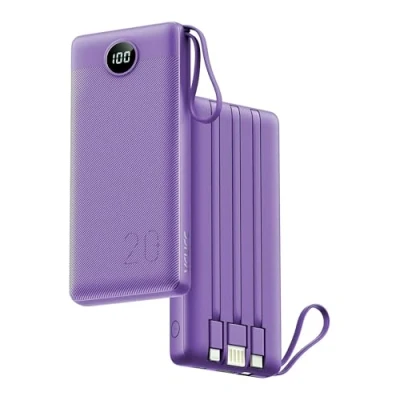 Immagine di VRURC Power bank con Cavi Incorporati 20000mAh, PowerBank USB C a Ricarica Rapida da 22,5 W, Display LED 4 Uscite 2 Ingressi per iPhone 15/14/13/Pro, Samsung,Android Viola