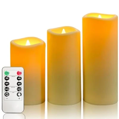 Immagine di YIWER Impermeabile Led Candele senza Fiamma,Esterno Interno a Batteria Flickering con Timer Remoto, Avorio Plastica Set di 3 D2,2&quot;xH5&quot;6&quot;7&quot;per la Decorazione del Partito