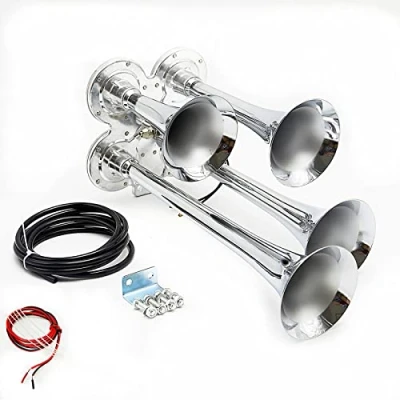 Immagine di YIYIDA clacson Argento a Quattro Tubi Tromba Doppia Fila 12 V 150 Db Altoparlante elettrovalvola Tubo Impermeabile per Veicoli elettrici è Adatta Ogni Veicolo Camion Treno Nave