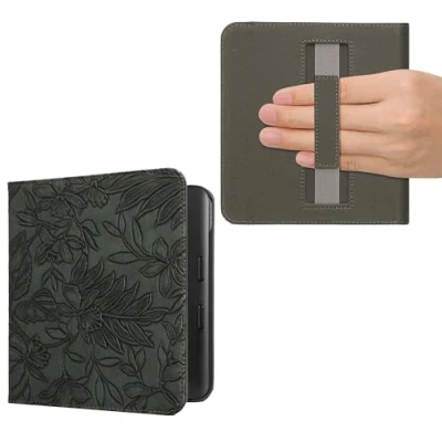 Immagine di kwmobile Custodia Cinturino Mano Compatibile con KoboLibra Colour Cover eBook Reader Case eReader Simil Pelle Fiori in Rilievo Verde