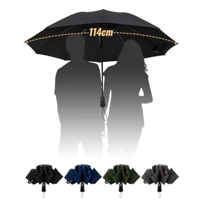 Immagine di Chakipee Ombrello Pieghevole Compatto Pioggia Nero Automatico Grande Ombrelli Antivento Robusto Inverso Portatile Uomo Donna da Viaggio Resistenti 210T 10 Stecche