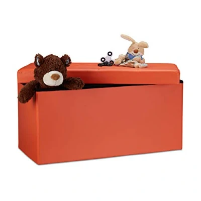 Immagine di Relaxdays Cassapanca Contenitore, Pouf Pieghevole in Similpelle, HxLxP 38 x 76 cm, Panca con Coperchio, Arancione, Tela, Arancio, cm