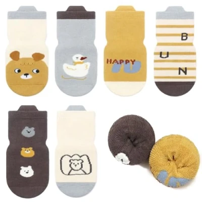 Immagine di FedMois 6 paia calzini antiscivolo invernali termici in cotone bimbi bambini, Orso, 0 12 mesi