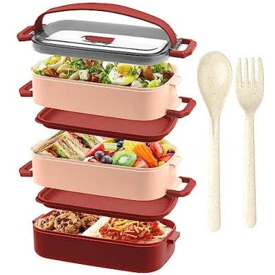 Immagine di OITUGG Lunch Box 3 Strati 2200ml Portapranzo per Adulti ufficio Porta Pranzo Bambini Scuola, con Posate e pezzo Scomparti Regolabili, Senza BPA, Microonde, a prova di perdite, Rosso