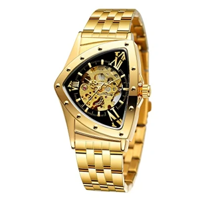 Immagine di FORSINING Orologio da polso uomo, impermeabile fino a 30 m, scheletro, automatico, abbagliante, retrò, triangolare, Oro e nero., Retrò