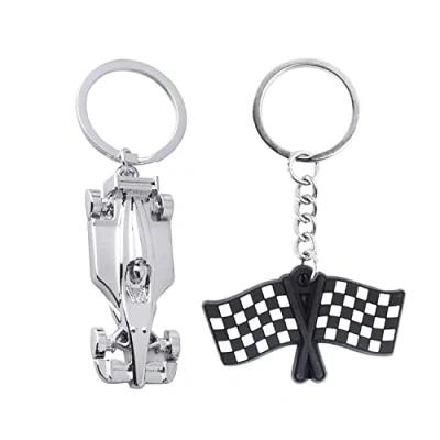 Immagine di PFLYPF 2 portachiavi in metallo, da corsa argentato, per auto, con bandiera, creativo, corsa, argento, 8.5cm*2.5cm