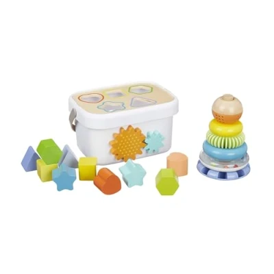 Immagine di Amazon Basics Bebè Set di giocattoli classici in legno con scatola delle forme e torre anelli impilabili vari colori, Medio