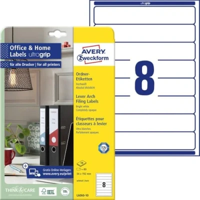 Immagine di Avery Zweckform Etichetta per raccoglitore da ufficio L6060 10 34 x 192 mm Carta Bianco A tenuta permanente 80 pz.
