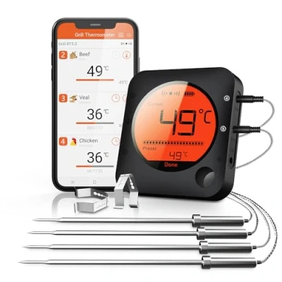 Immagine di BFOUR Termometro da Cucina Digitale per Bluetooth Carne Barbecue Wireless Forno con Timer BBQ Griglia LED Display App 6 Sensori (Nero, 4 Sonde)