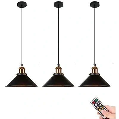 Immagine di lampada a sospensione batteria con telecomando, soffitto nera senza cablaggio per interni lampadario vintage sala da pranzo in fattoria Isola della cucina (