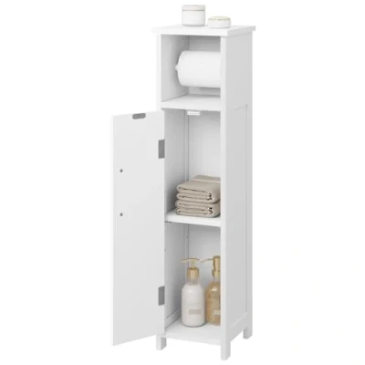 Immagine di EUGAD Porta Carta Igienica da Terra, Mobile Bagno a Colonna, Mobiletto Salvaspazio Stretto con Anta, Portarotolo Bianco, in Legno, 18x18x71cm
