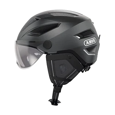 Immagine di Abus, casco da città ABUS Pedelec 2.0 ACE, bici con luce posteriore, visiera, copertura antipioggia, paraorecchie, per uomo e donna, grigio scuro, taglia S