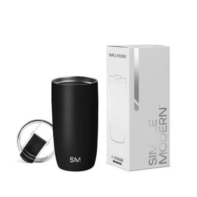 Immagine di Simple Modern Tazza da Viaggio per Caffè con Coperchio a Ribalta, Freddo in Acciaio Inossidabile Isolata, Regali Donne &amp; Uomini, Voyager Collezione, 470ml, Midnight Black