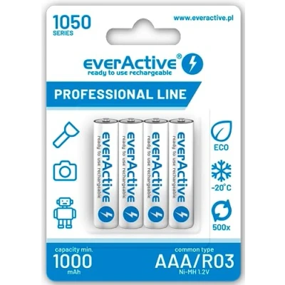 Immagine di everActive Batteria AAA 1050 mAh, 4 pezzi, NI MH, Micro R03, ricaricabile, precaricata, massima potenza, Professional Line 1,2 V, 1 blister, bianco, EVHRL03