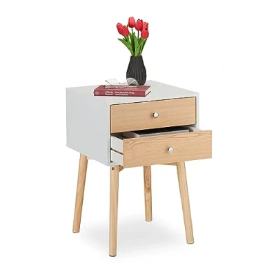Immagine di Relaxdays Comodino con 2 Cassetti, Mobiletto Basso per Camera da Letto e Cameretta, 60x40x40 cm, Bianco Marrone Chiaro, Fibra, Legno