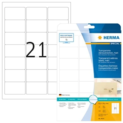 Immagine di HERMA Etichette per Indirizzi, 63,5 x 38,1 mm, Adesive A4 Stampante, 21 Foglio, Trasparente