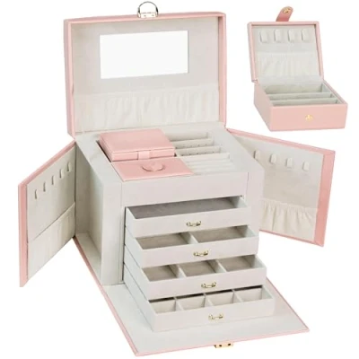 Immagine di AdelDream Portagioie grande con serratura a 5 livelli cassetti specchio per anelli orecchini collane e bracciali elegante classico rosa3