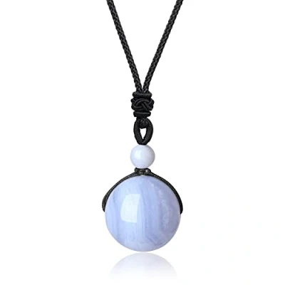 Immagine di COAI Pendente Sfera in Agata Azzurra Venata, Collana Unisex Bilanciamento Reiki Pietre Mala con Laccio Regolabile