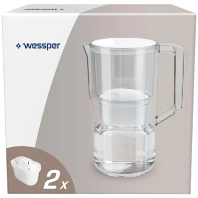 Immagine di Wessper Aqua Max Basic, set di caraffa per acqua e 2 filtri, compatibile con Brita Maxtra, sistema filtraggio dell&#039;acqua, riduzione del calcare, cloro, bianco