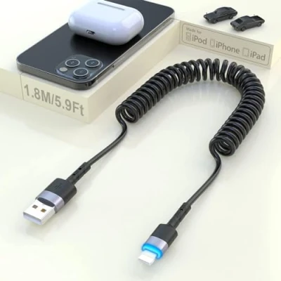 Immagine di cavo Lightning a spirale [certificato MFi], di trasmissione dati da USB 6 piedi compatibile con Xs/XS Max/XR/X/12/11 Plus/8/7 Plus/Pad Pro Air 2 e altro ancora