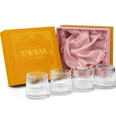Immagine di GLASSIQUE CADEAU Bicchieri vintage Art Deco Speakeasy Lowball Set di 4 cristallo da 260 ml per bere bevande classiche gin, rum, vodka bar rotondi a rocce corte