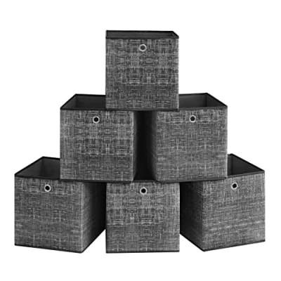 Immagine di SONGMICS Scatole Portaoggetti, Set di 6 Contenitori in Tessuto Non con Manico, 33 x cm, Unità Organizzazione, per Scaffale, Pieghevoli, Porta Abiti, Nero RFB033B01