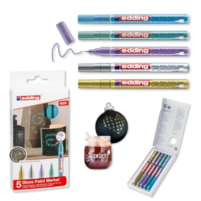 Immagine di edding 780 Marcatore a Vernice Lucida, Oro, Argento, Blu, Verde, Viola (Metallizzato), Set da 5, Punta Rotonda Extra Fine 0,8 Mm, Impermeabile, Altamente Coprente, Bullet Journals, Hand Lettering