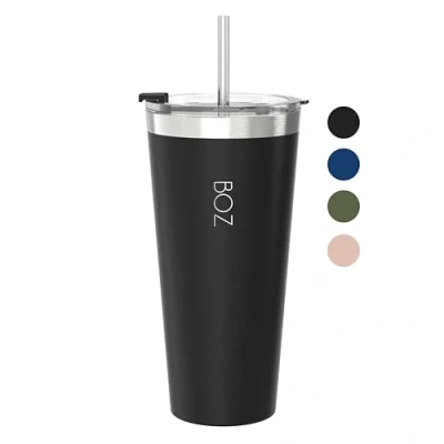 Immagine di BOZ Bicchiere Termico con Cannuccia e Coperchio (650 ml, Nero) Tazza per Bevande Calde Fredde in Acciaio Inossidabile Adulti Senza BPA