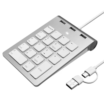 Immagine di Suejezt Mini Tastierino Numerico USB, USB A/USB C Tastiera Numerica Ergonomico Portatile Numpad con 3 2.0 Porte, 18 Tasti Office Calcolo per Macbook, Laptop, Notebook, Desktop, Computer, PC