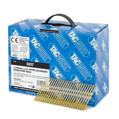Immagine di TACWISE 0437 Chiodi per Intelaiature 3,3/65 mm, Zincati Extra con Testa a &#039;D&#039;, Gambo Elicoidale, Inclinati 22, Montati su Plastica, Confezione da 3000